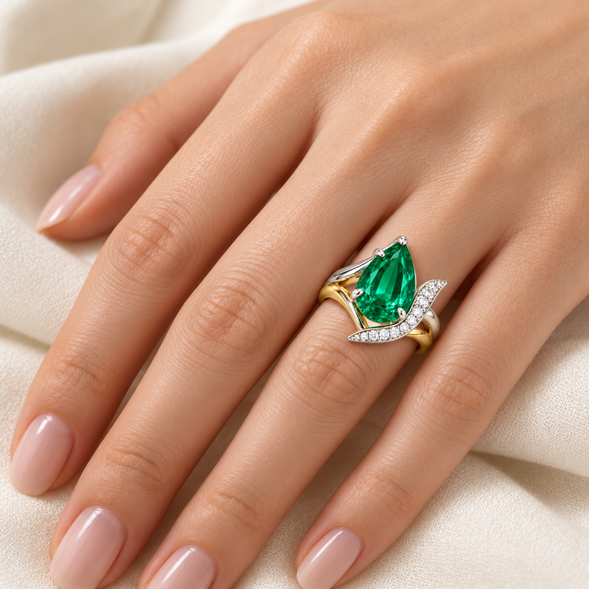 MISSISSI GE26-R04 lab-grown emerald ring, worn on a hand. Design visualization.