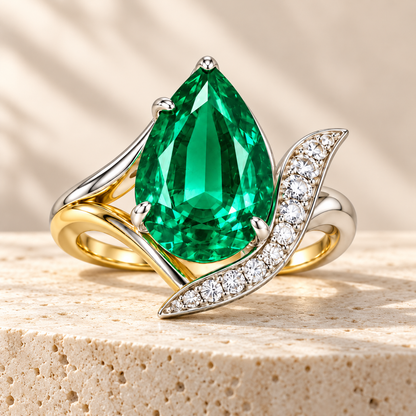 MISSISSI GE26-R04 lab-grown emerald ring, styled scene. Design visualization.