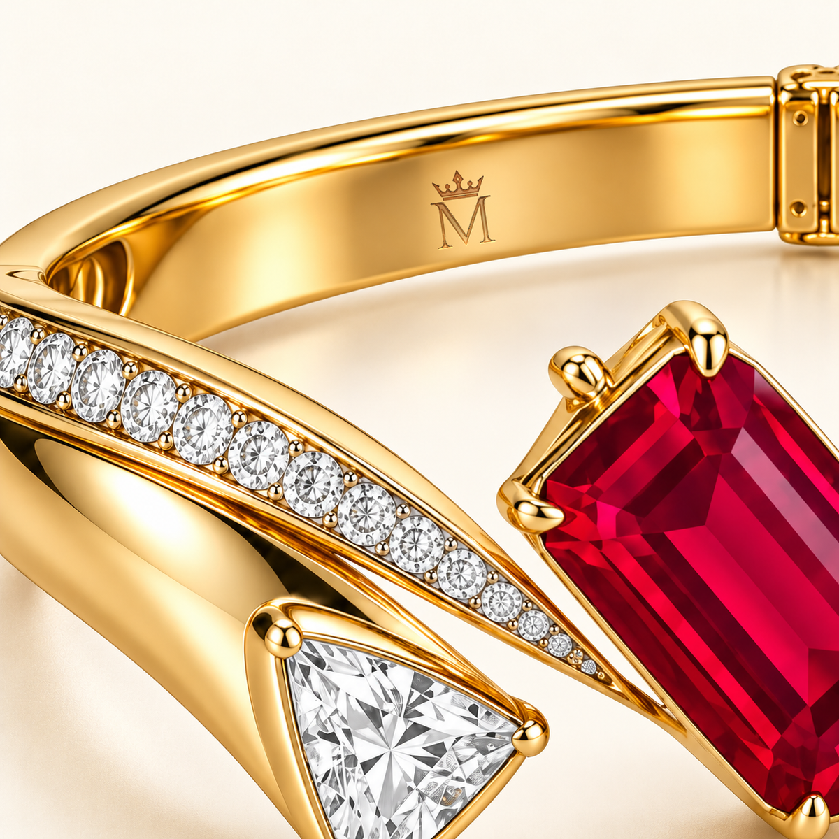 MISSISSI HR26-B07 lab-grown ruby bangle, inner-band crown and M engraving detail. Design visualization.