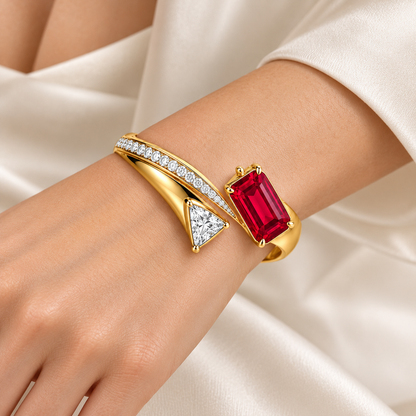 MISSISSI HR26-B07 lab-grown ruby bangle, wrist-worn view. Design visualization.