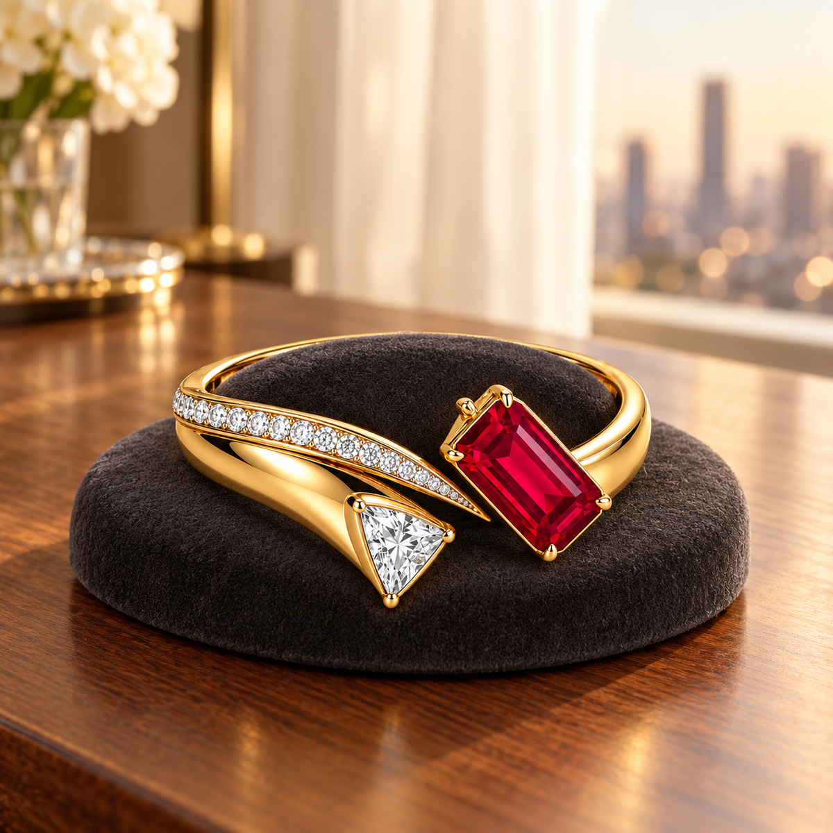 MISSISSI HR26-B07 lab-grown ruby bangle, styled display view. Design visualization.