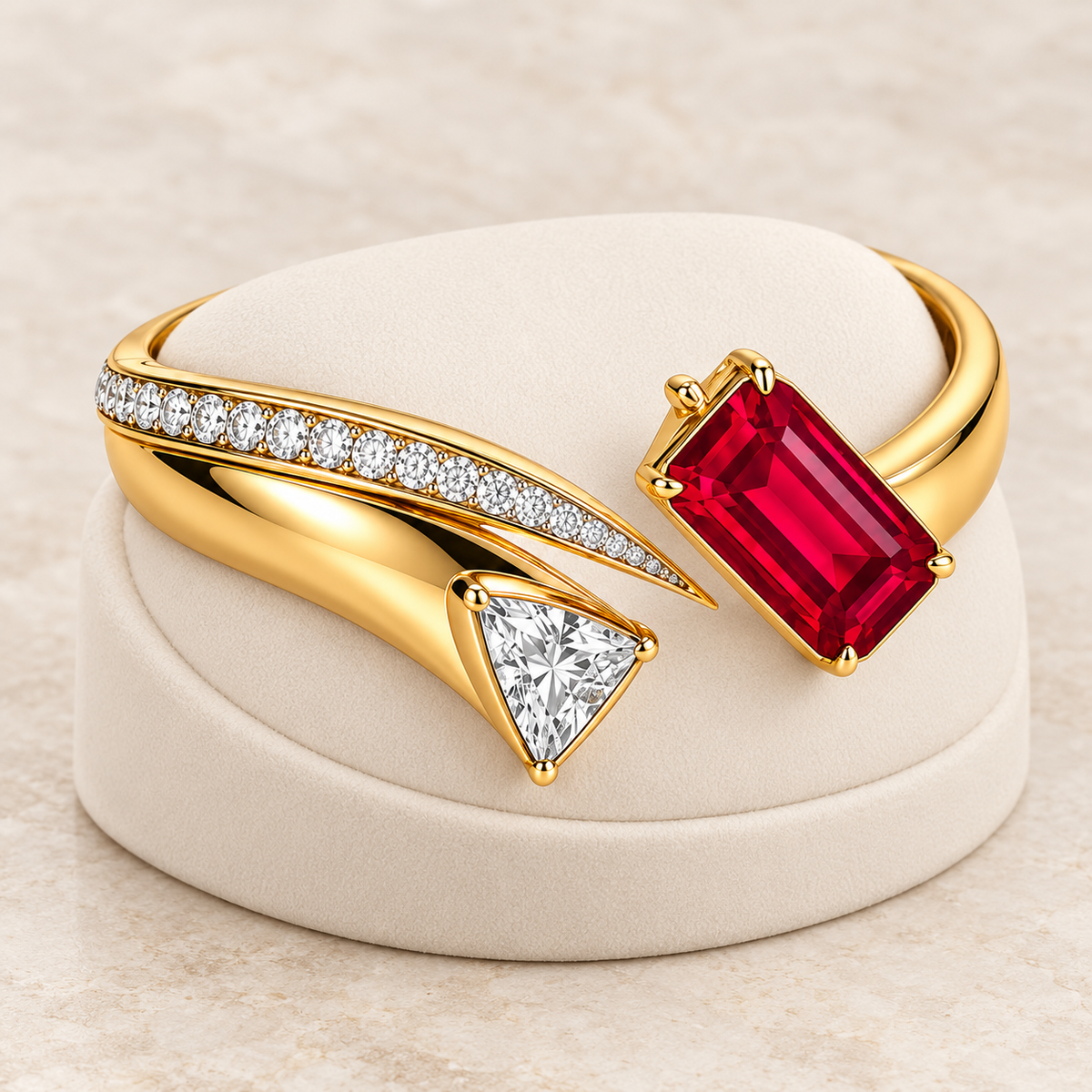 MISSISSI HR26-B07 lab-grown ruby bangle, shallow oblique whole view. Design visualization.