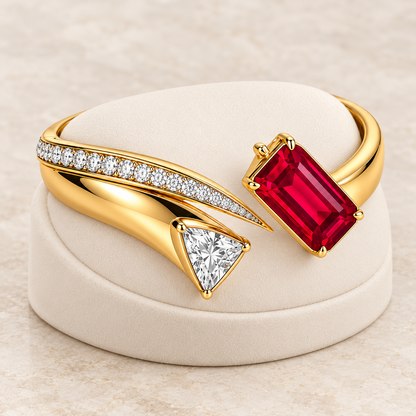 MISSISSI HR26-B07 lab-grown ruby bangle, shallow oblique whole view. Design visualization.
