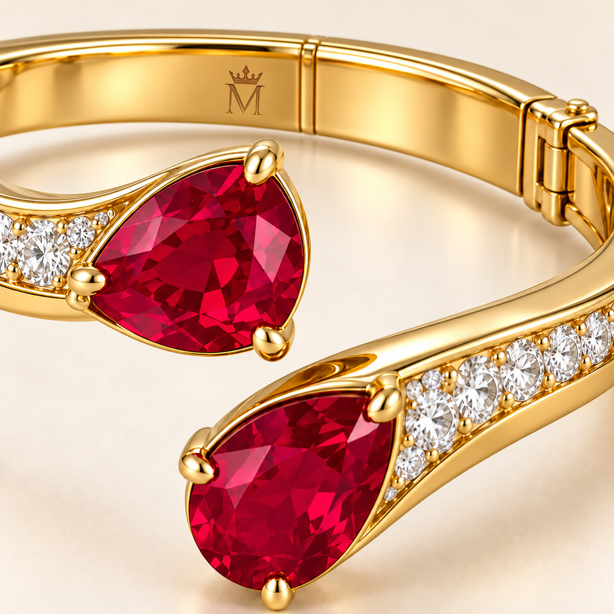 MISSISSI HR26-B11 lab-grown ruby bangle, inner-band crown and M engraving detail. Design visualization.
