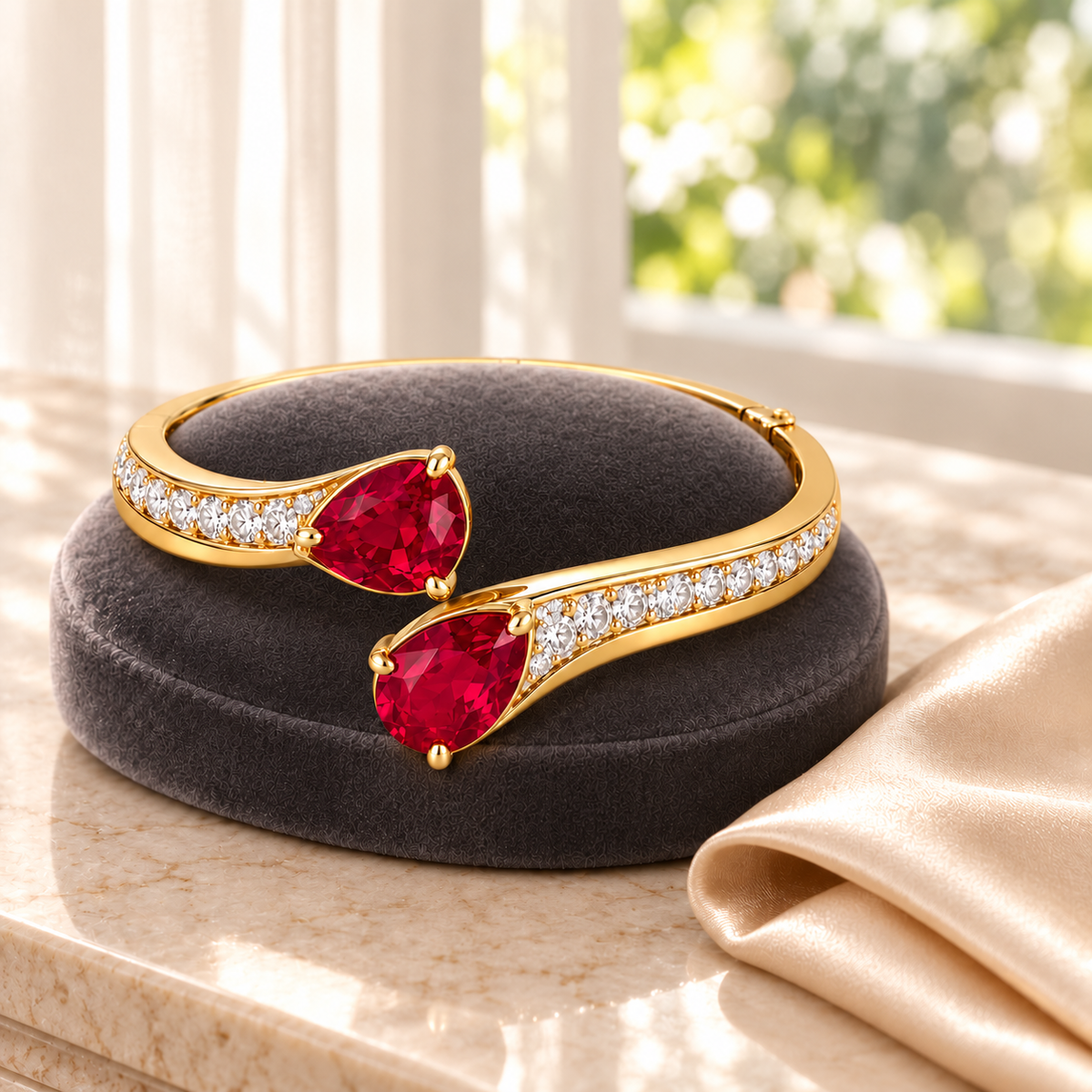 MISSISSI HR26-B11 lab-grown ruby bangle, styled display view. Design visualization.