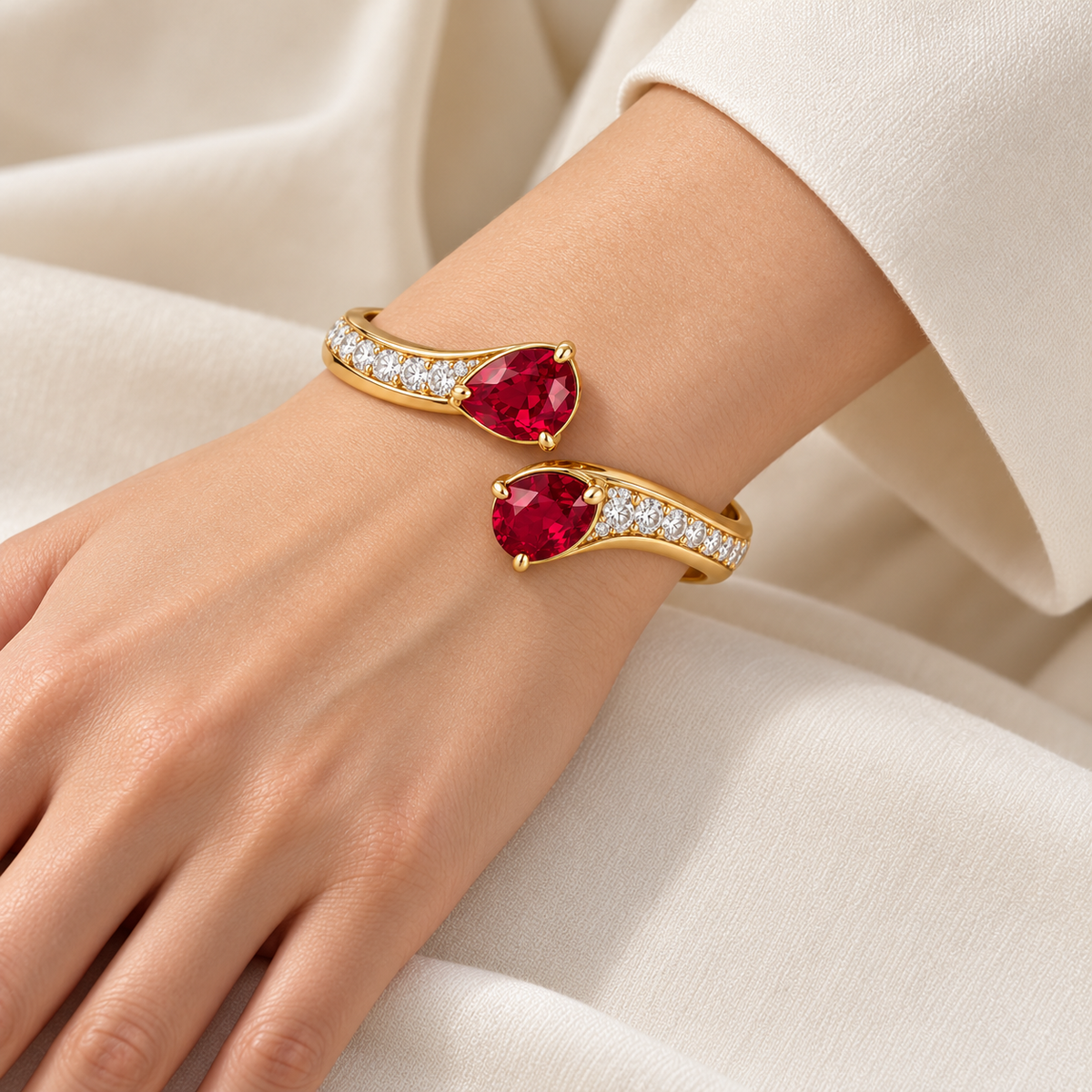 MISSISSI HR26-B11 lab-grown ruby bangle, wrist-worn view. Design visualization.