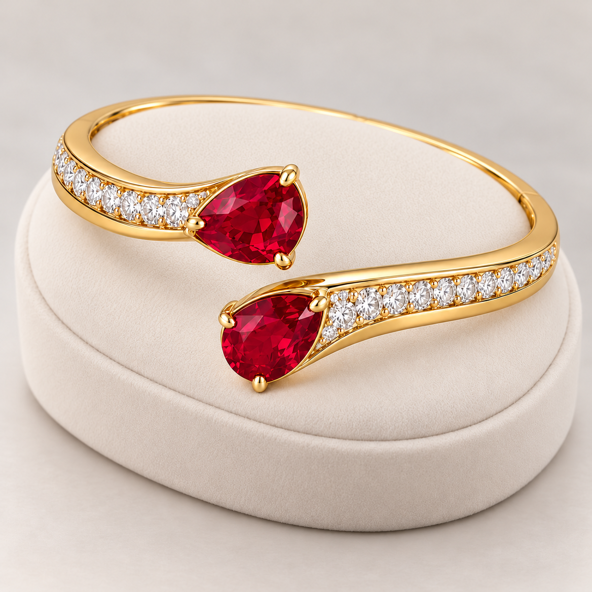 MISSISSI HR26-B11 lab-grown ruby bangle, shallow oblique whole view. Design visualization.
