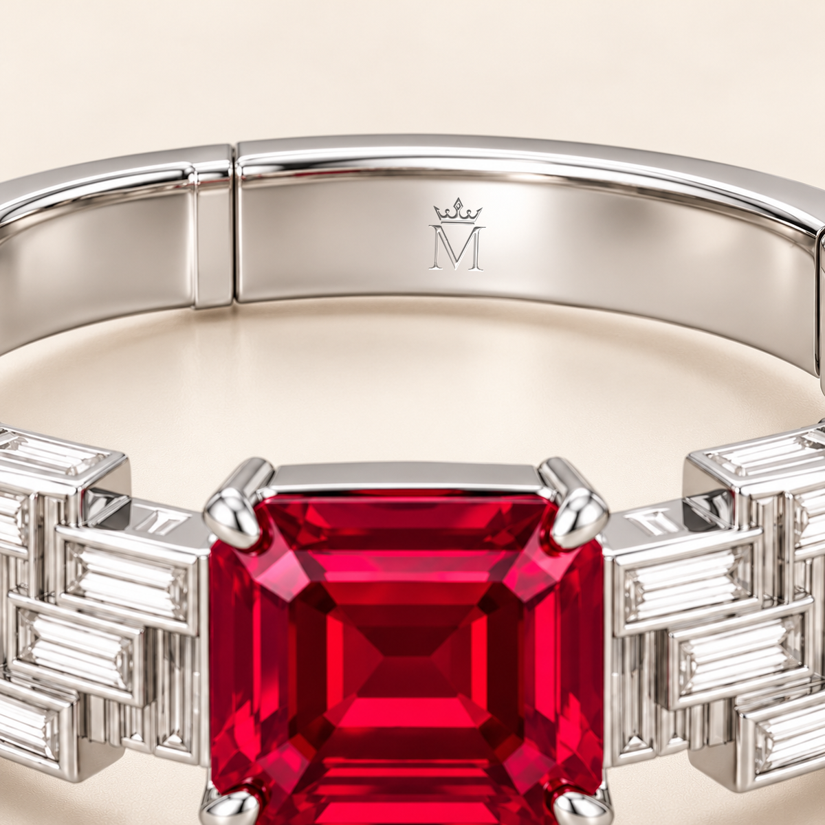 MISSISSI HR26-B13 lab-grown ruby bangle, inside-band crown and M engraving detail. Design visualization.