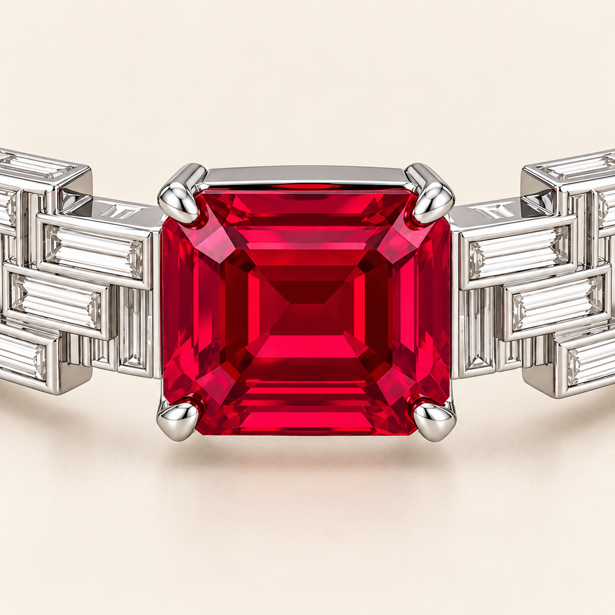 MISSISSI HR26-B13 lab-grown ruby bangle, front setting detail. Design visualization.