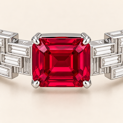 MISSISSI HR26-B13 lab-grown ruby bangle, front setting detail. Design visualization.