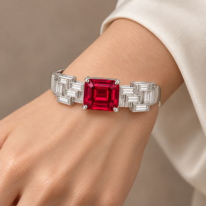 MISSISSI HR26-B13 lab-grown ruby bangle, worn on a wrist. Design visualization.