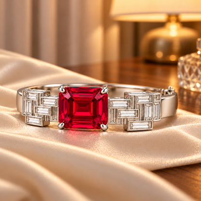 MISSISSI HR26-B13 lab-grown ruby bangle, styled scene. Design visualization.