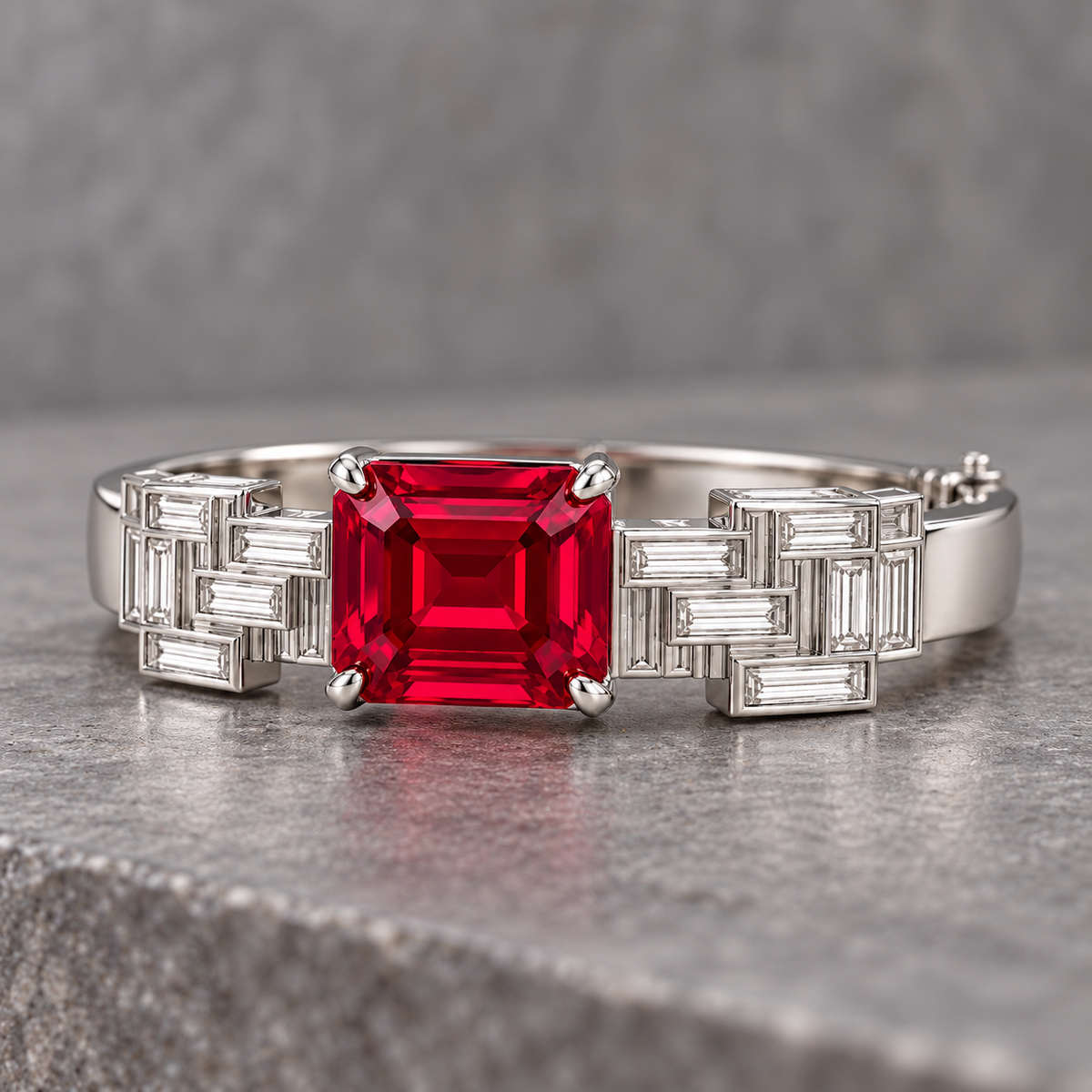 MISSISSI HR26-B13 lab-grown ruby bangle, oblique whole view. Design visualization.
