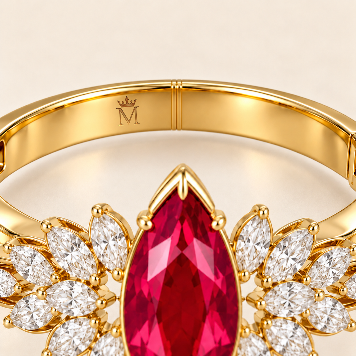 MISSISSI HR26-B14 lab-grown ruby bangle, inner-band crown and M engraving detail. Design visualization.