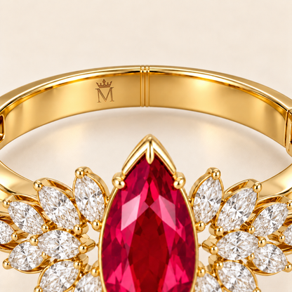 MISSISSI HR26-B14 lab-grown ruby bangle, inner-band crown and M engraving detail. Design visualization.