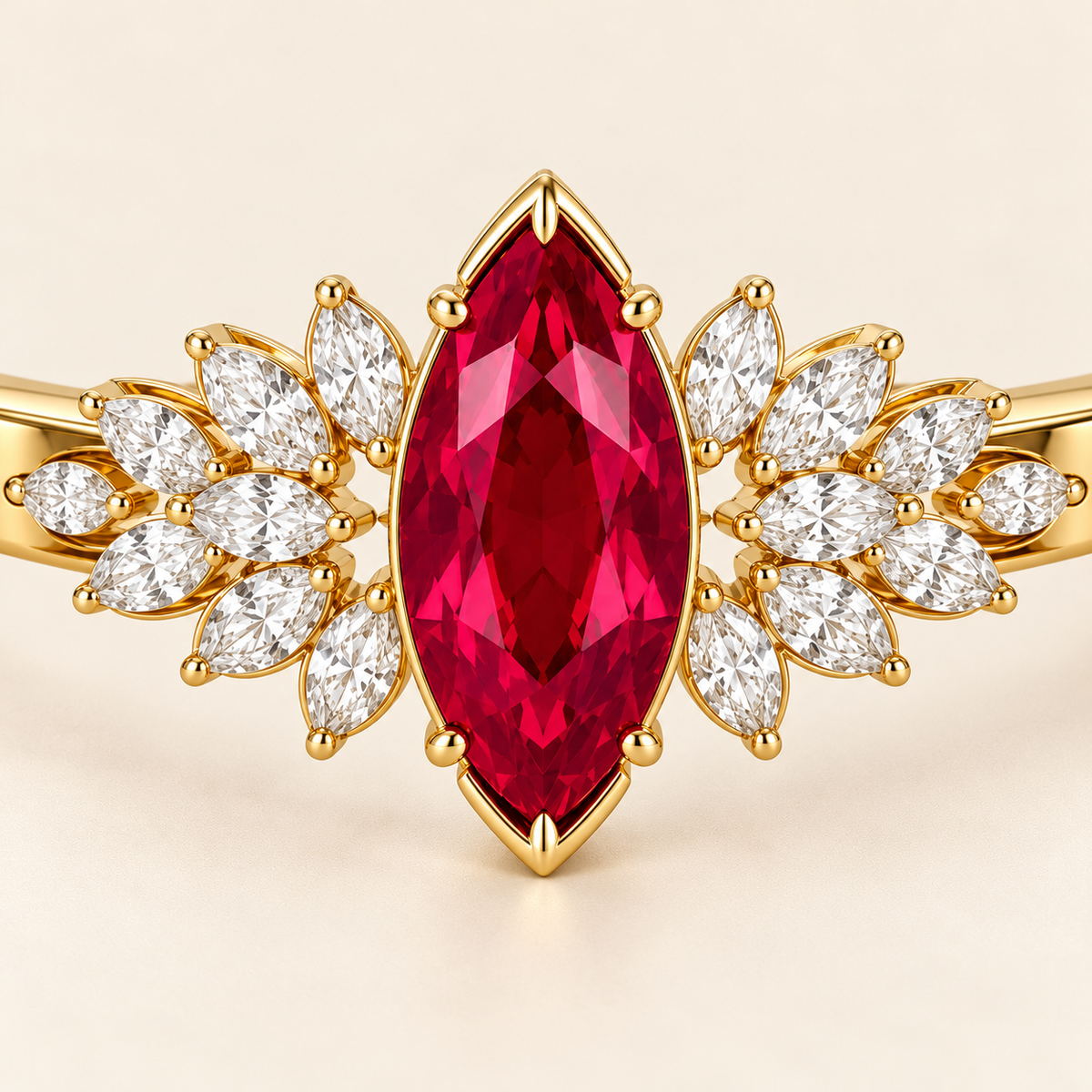 MISSISSI HR26-B14 lab-grown ruby bangle, front gemstone detail. Design visualization.