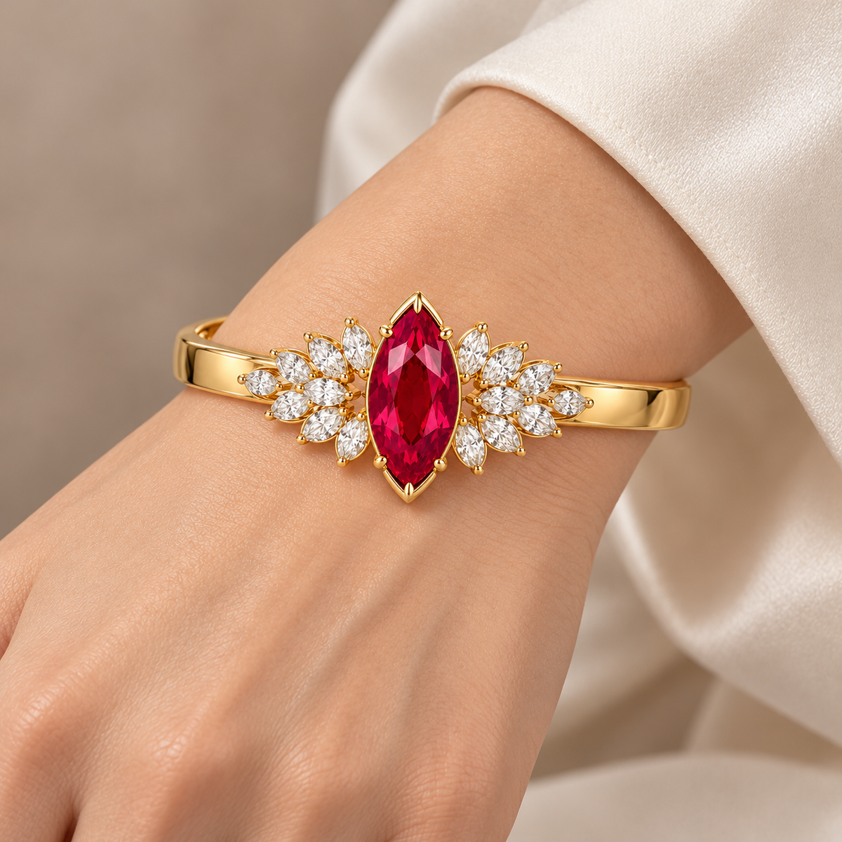 MISSISSI HR26-B14 lab-grown ruby bangle, wrist-worn view. Design visualization.