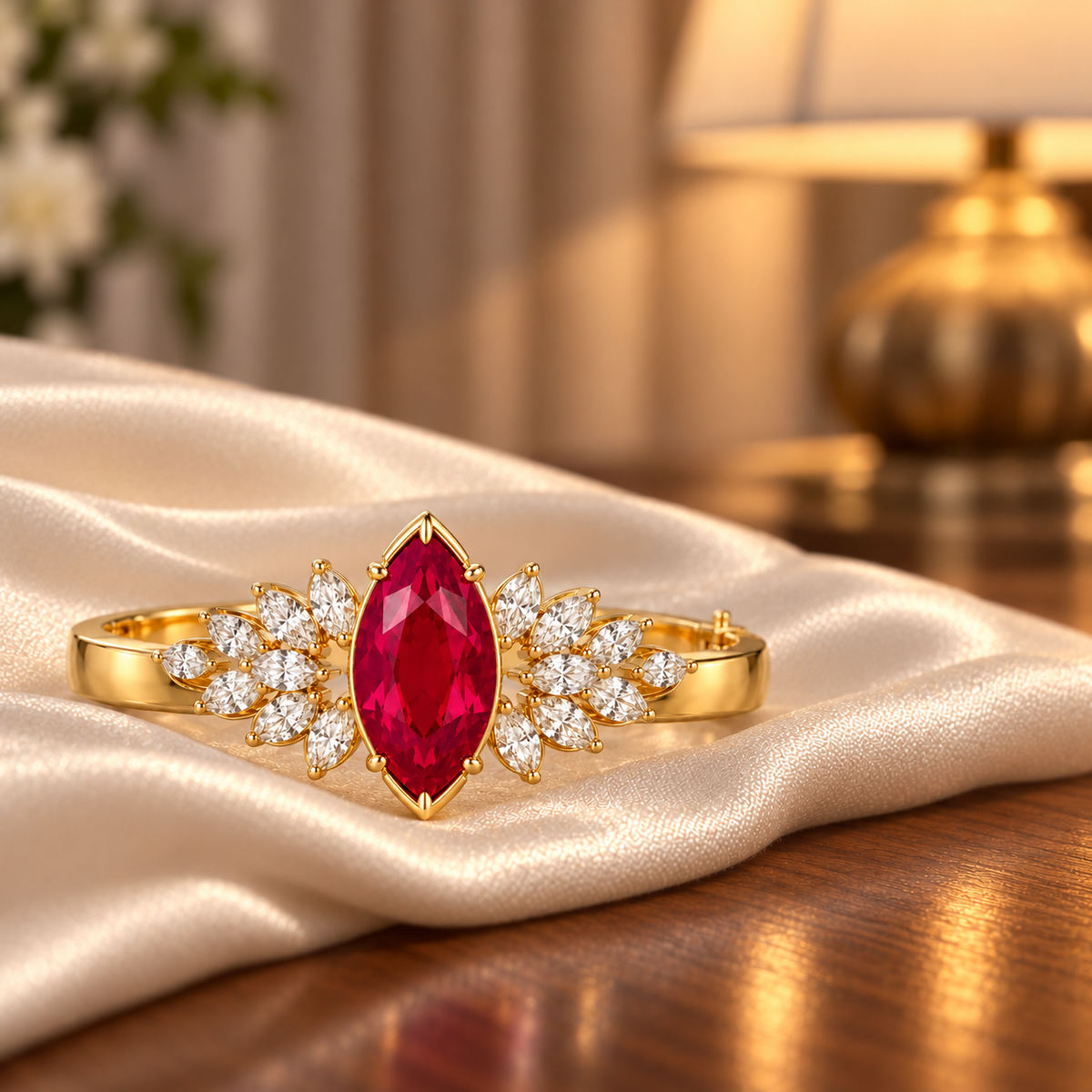 MISSISSI HR26-B14 lab-grown ruby bangle, styled display view. Design visualization.