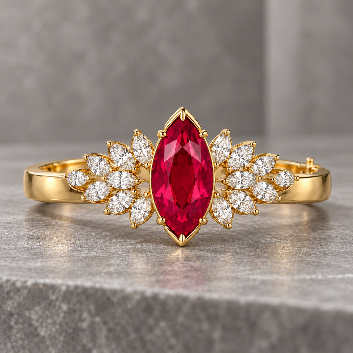MISSISSI HR26-B14 lab-grown ruby bangle, shallow oblique whole view. Design visualization.