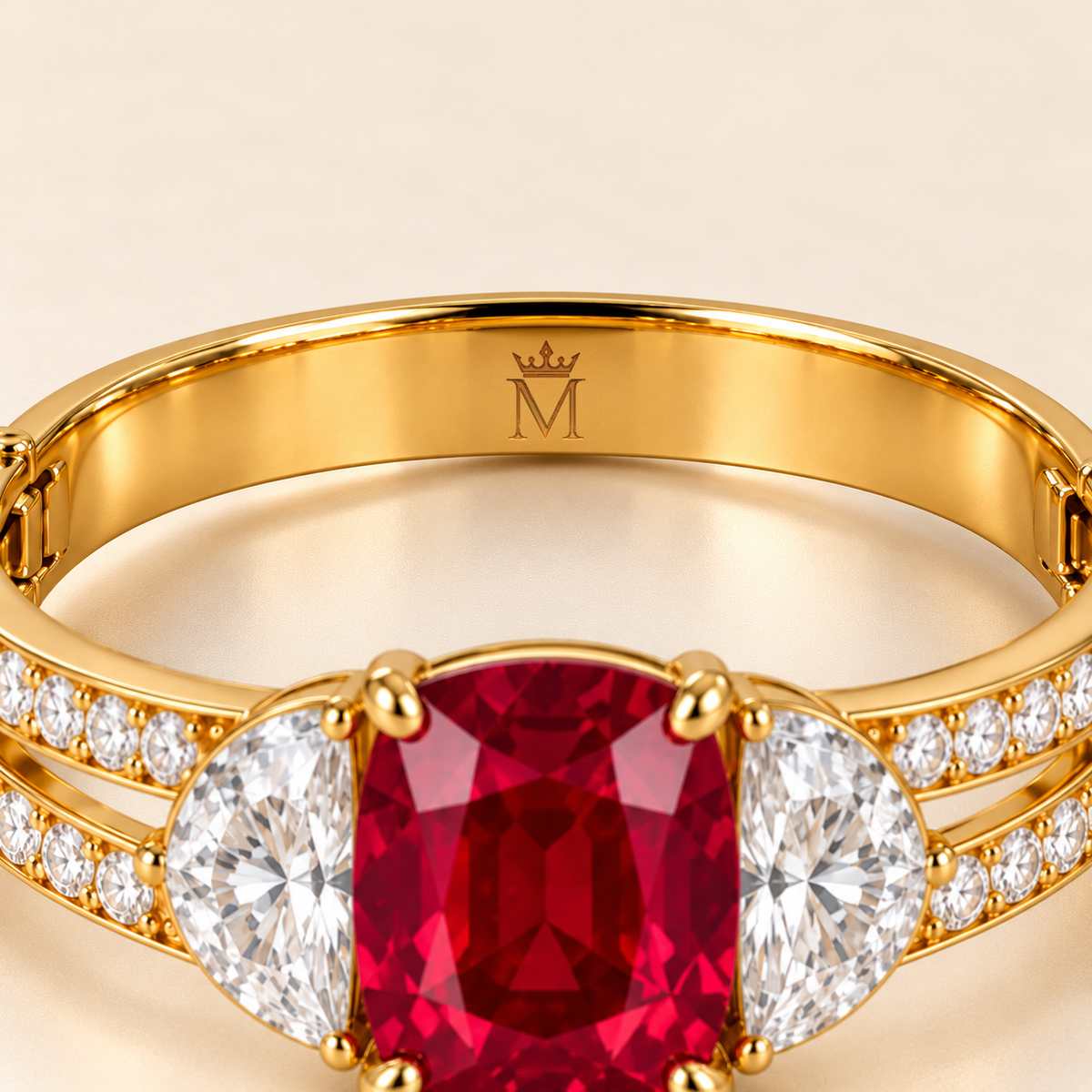 MISSISSI HR26-B16 lab-grown ruby bangle, inner-band crown and M engraving detail. Design visualization.