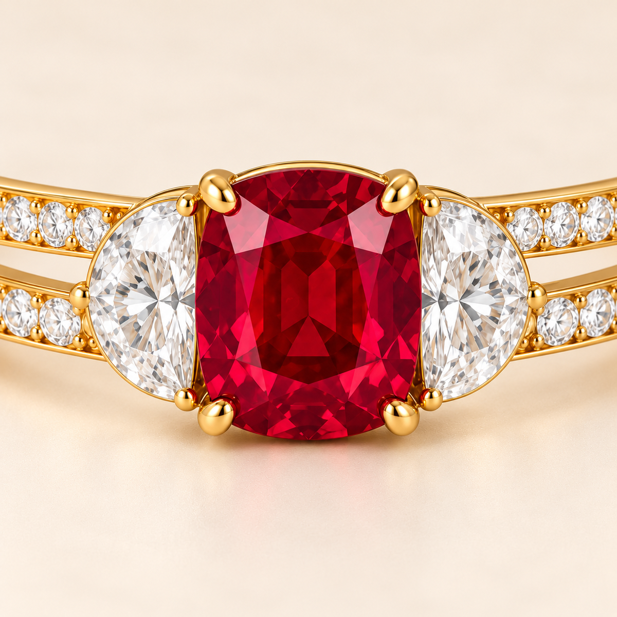 MISSISSI HR26-B16 lab-grown ruby bangle, front gemstone detail. Design visualization.