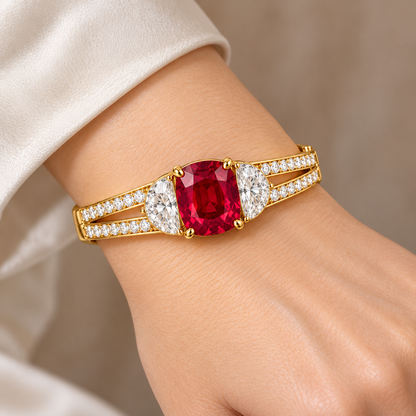 MISSISSI HR26-B16 lab-grown ruby bangle, wrist-worn view. Design visualization.