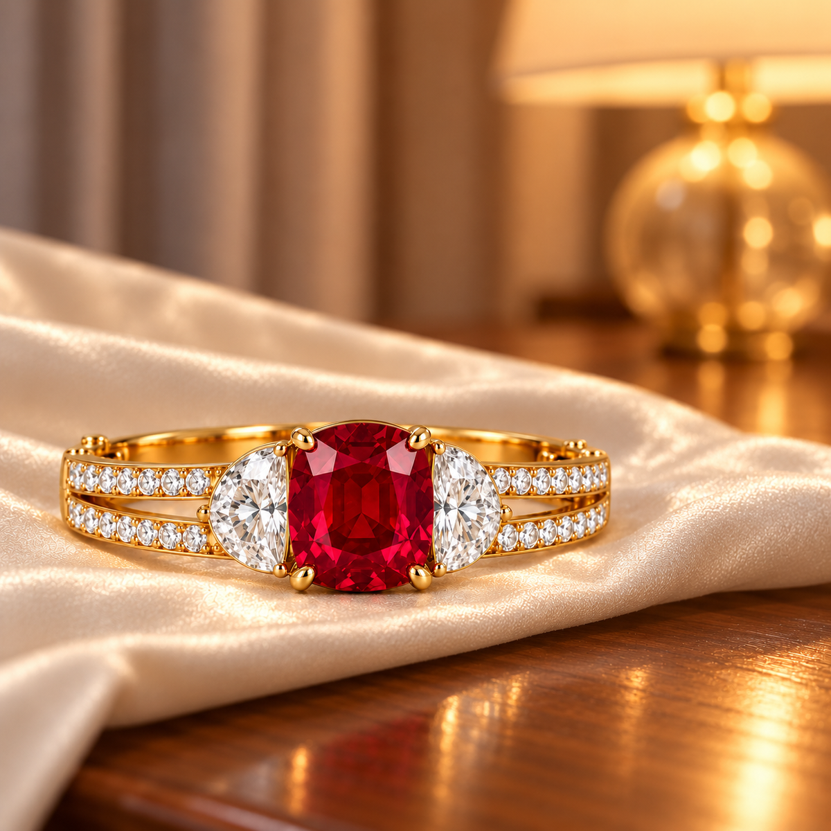 MISSISSI HR26-B16 lab-grown ruby bangle, styled display view. Design visualization.