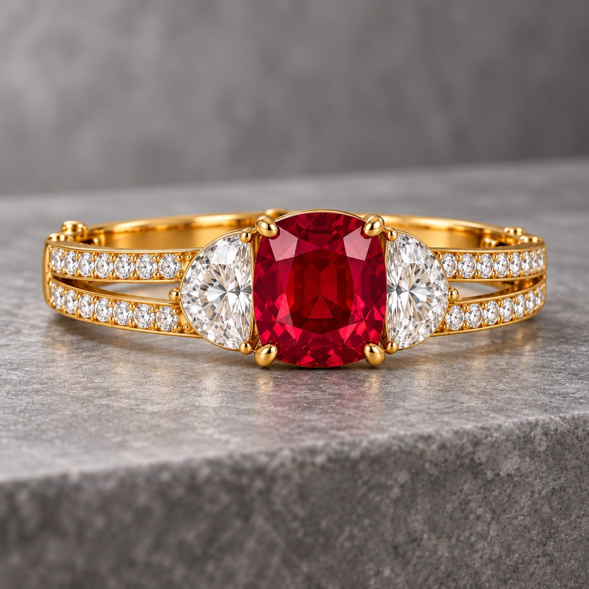 MISSISSI HR26-B16 lab-grown ruby bangle, shallow oblique whole view. Design visualization.