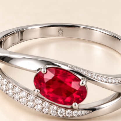 MISSISSI HR26-B17 lab-grown ruby bangle, inside-band crown and M engraving detail. Design visualization.