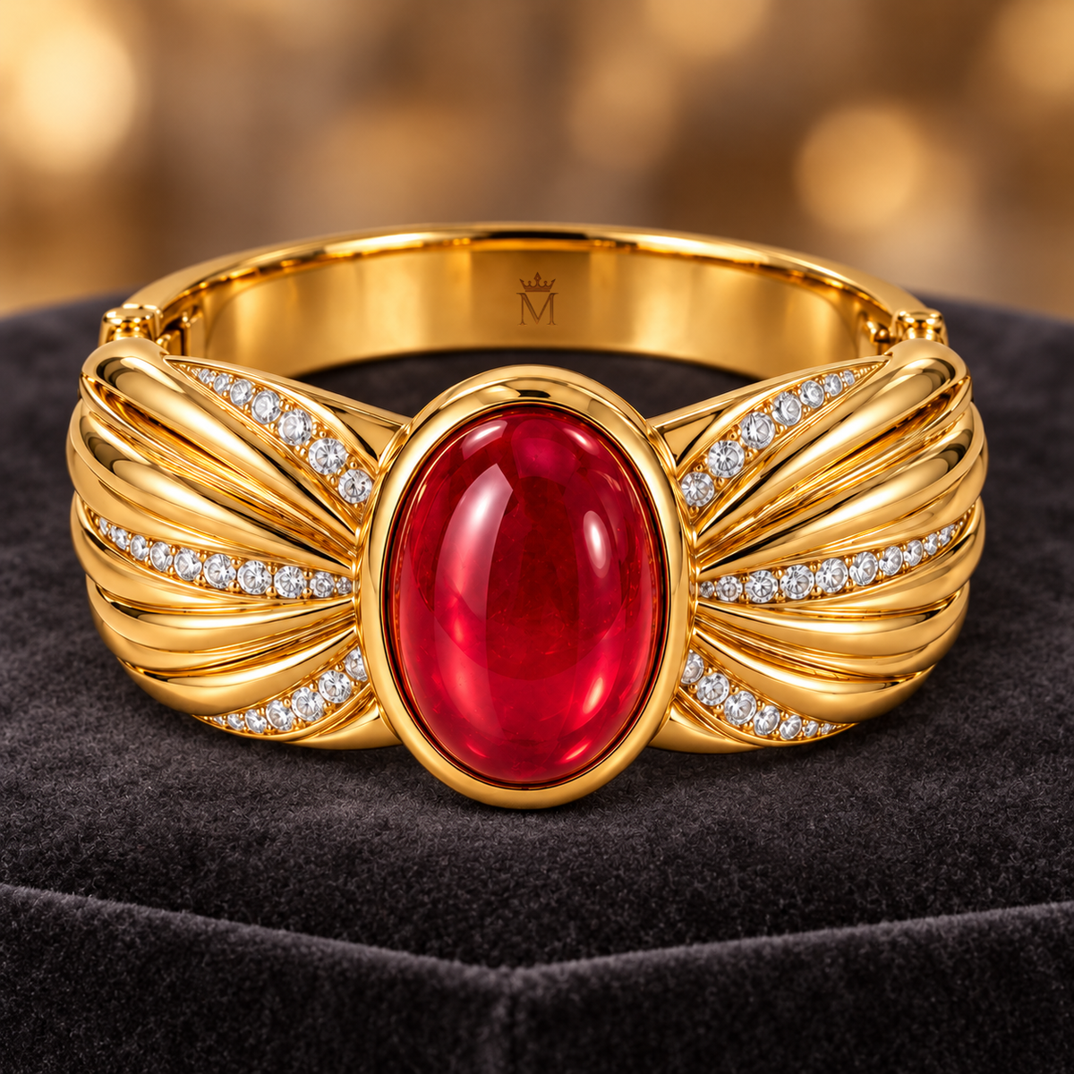 MISSISSI HR26-B18 lab-grown ruby bangle, styled display view. Design visualization.