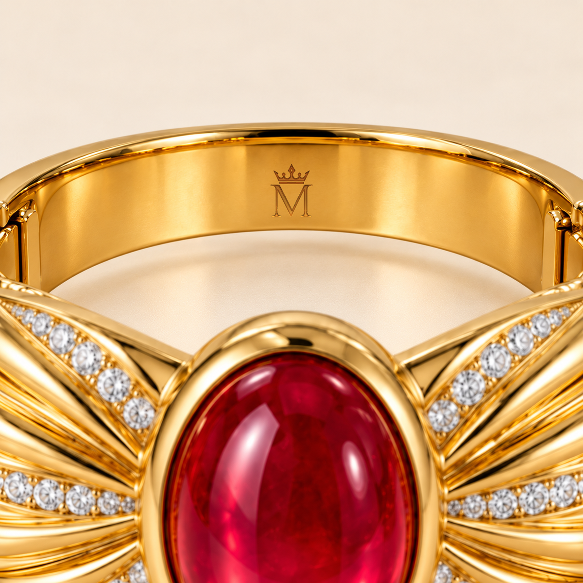 MISSISSI HR26-B18 lab-grown ruby bangle, inner-band crown and M engraving detail. Design visualization.