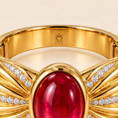 MISSISSI HR26-B18 lab-grown ruby bangle, inner-band crown and M engraving detail. Design visualization.
