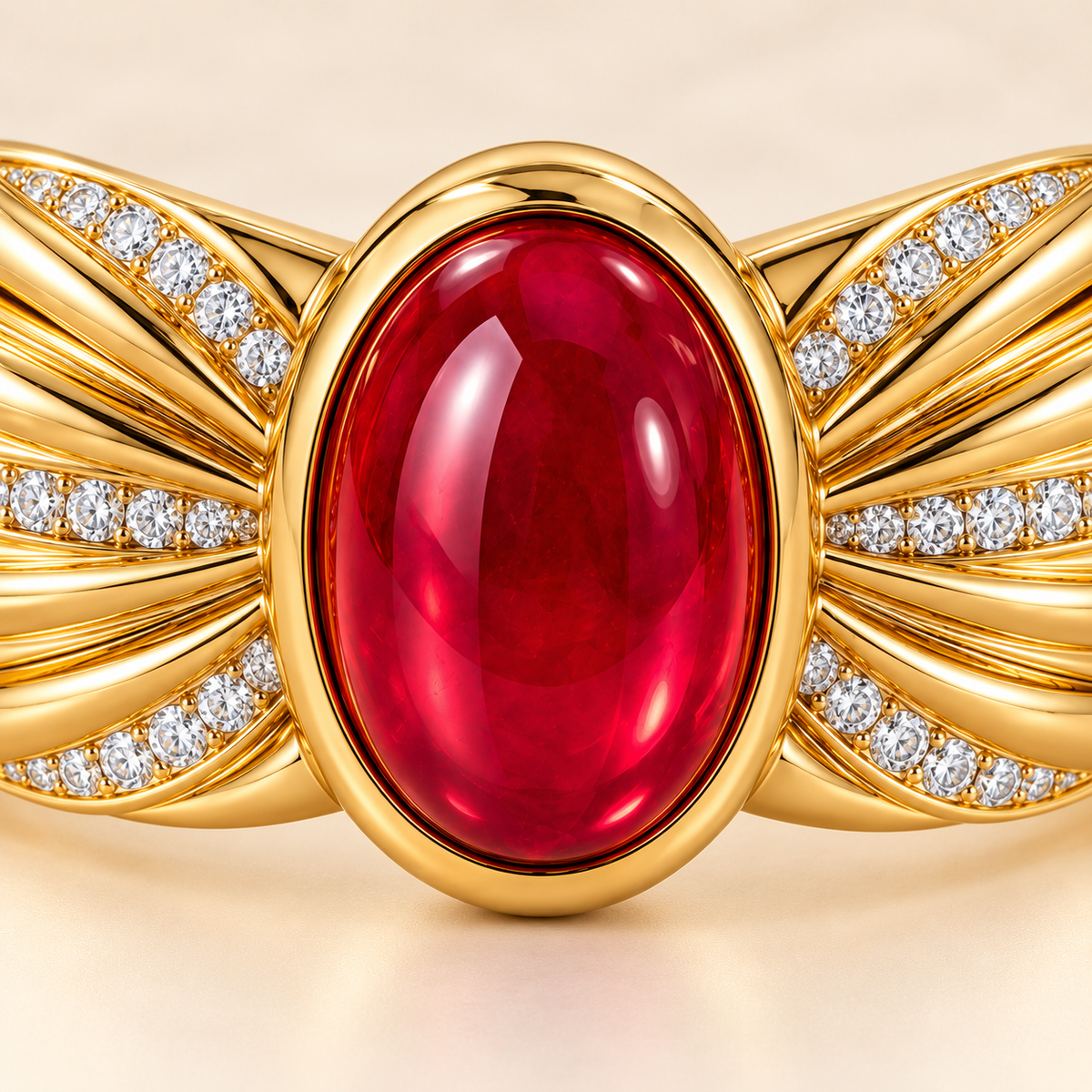 MISSISSI HR26-B18 lab-grown ruby bangle, front gemstone detail. Design visualization.