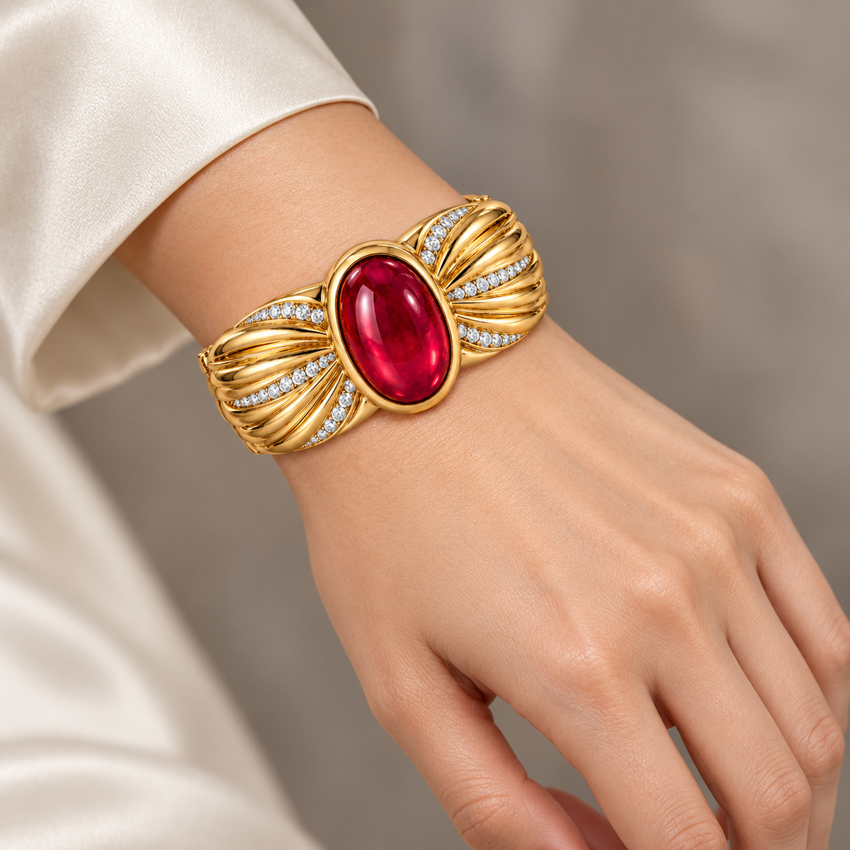 MISSISSI HR26-B18 lab-grown ruby bangle, wrist-worn view. Design visualization.