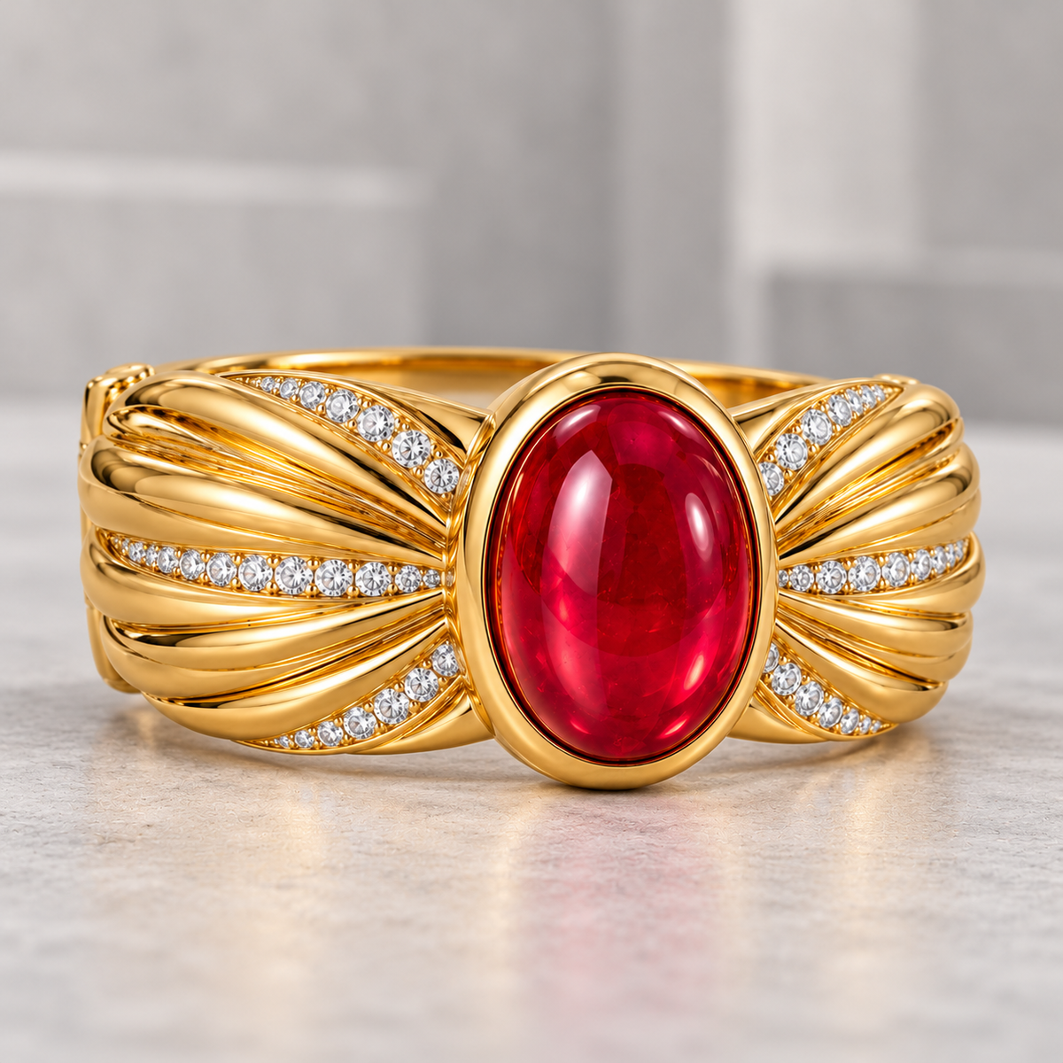 MISSISSI HR26-B18 lab-grown ruby bangle, shallow oblique whole view. Design visualization.