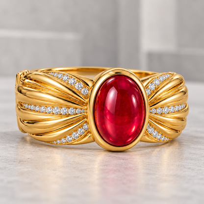 MISSISSI HR26-B18 lab-grown ruby bangle, shallow oblique whole view. Design visualization.