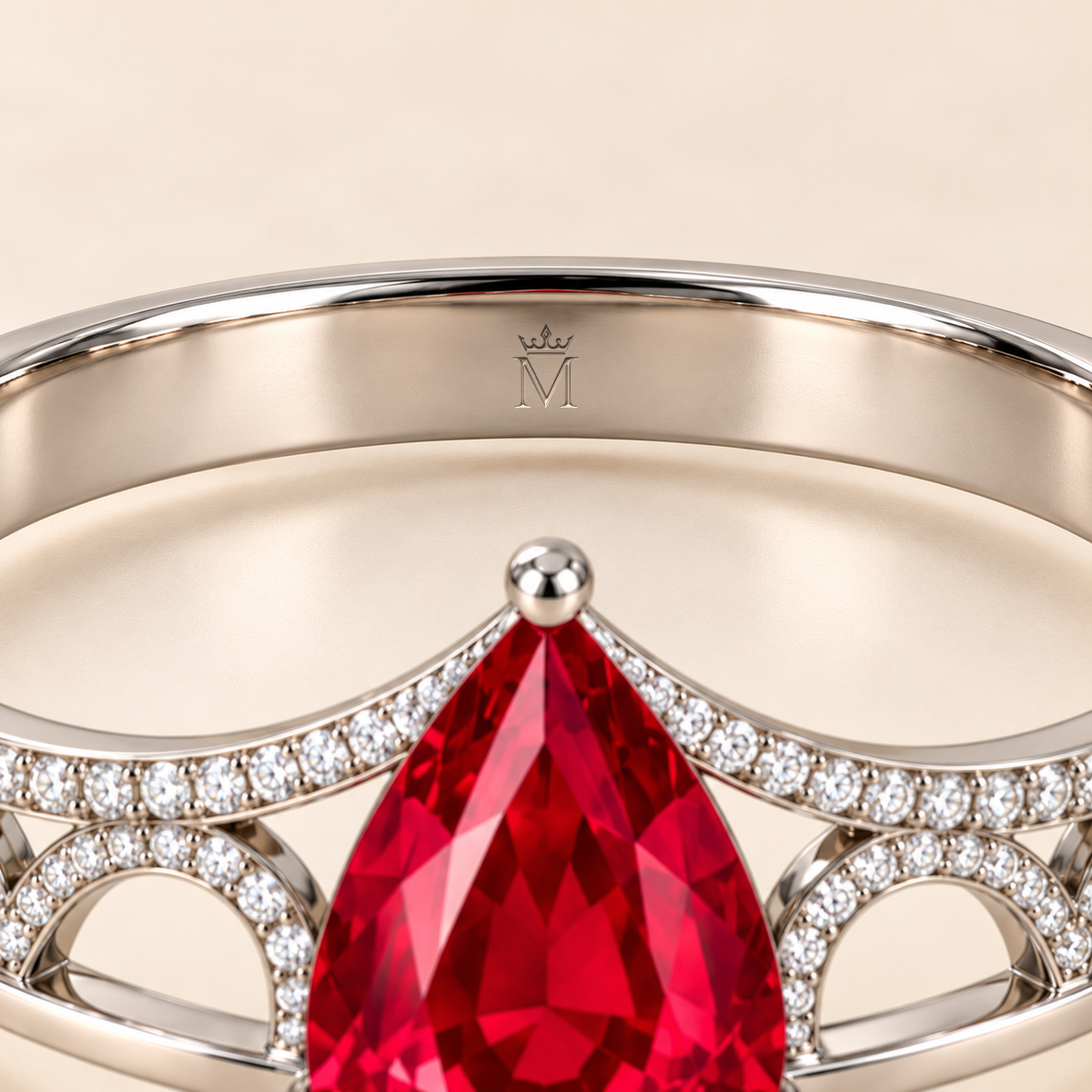 MISSISSI HR26-B19 lab-grown ruby bangle, inside-band crown and M engraving detail. Design visualization.
