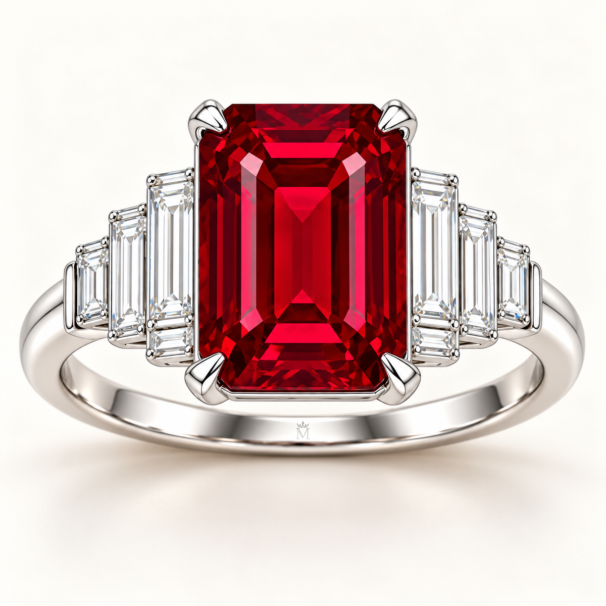 MISSISSI HR26-R07 lab-grown ruby ring, front view. Design visualization.