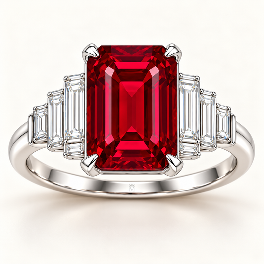 MISSISSI HR26-R07 lab-grown ruby ring, front view. Design visualization.