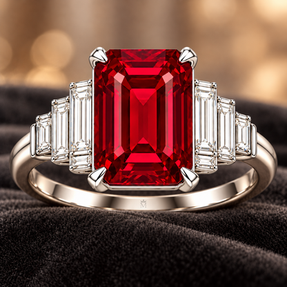 MISSISSI HR26-R07 lab-grown ruby ring, velvet setting view. Design visualization.