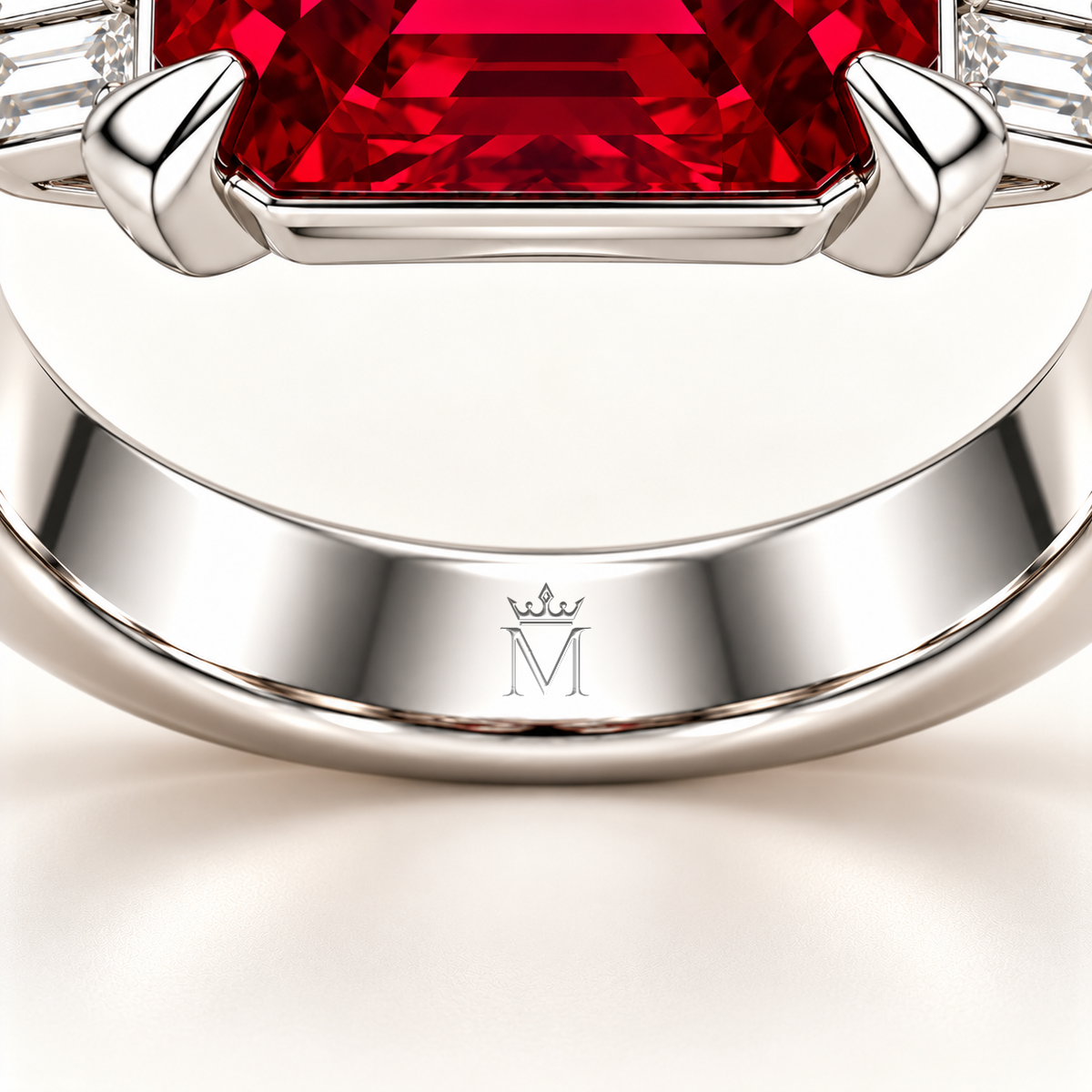 MISSISSI HR26-R07 lab-grown ruby ring, inside-band crown and M engraving detail. Design visualization.