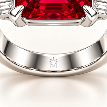 MISSISSI HR26-R07 lab-grown ruby ring, inside-band crown and M engraving detail. Design visualization.
