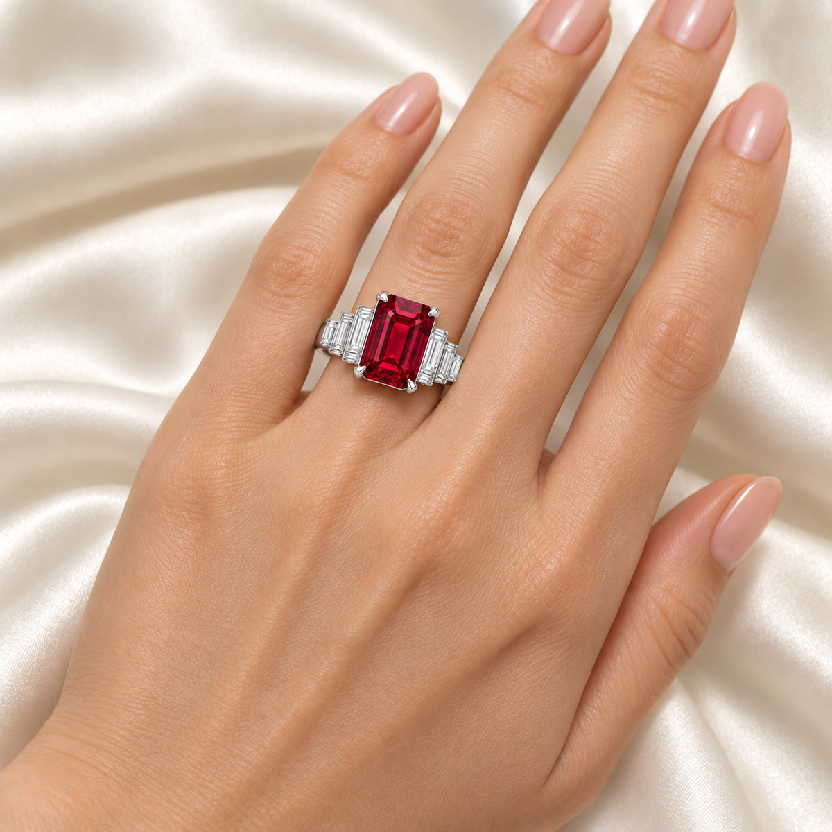 MISSISSI HR26-R07 lab-grown ruby ring, worn on a hand. Design visualization.