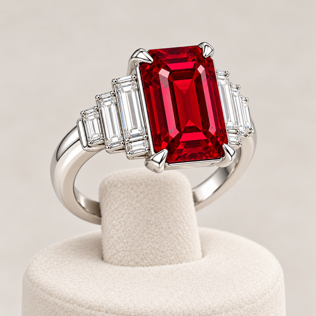 MISSISSI HR26-R07 lab-grown ruby ring, shallow oblique view. Design visualization.