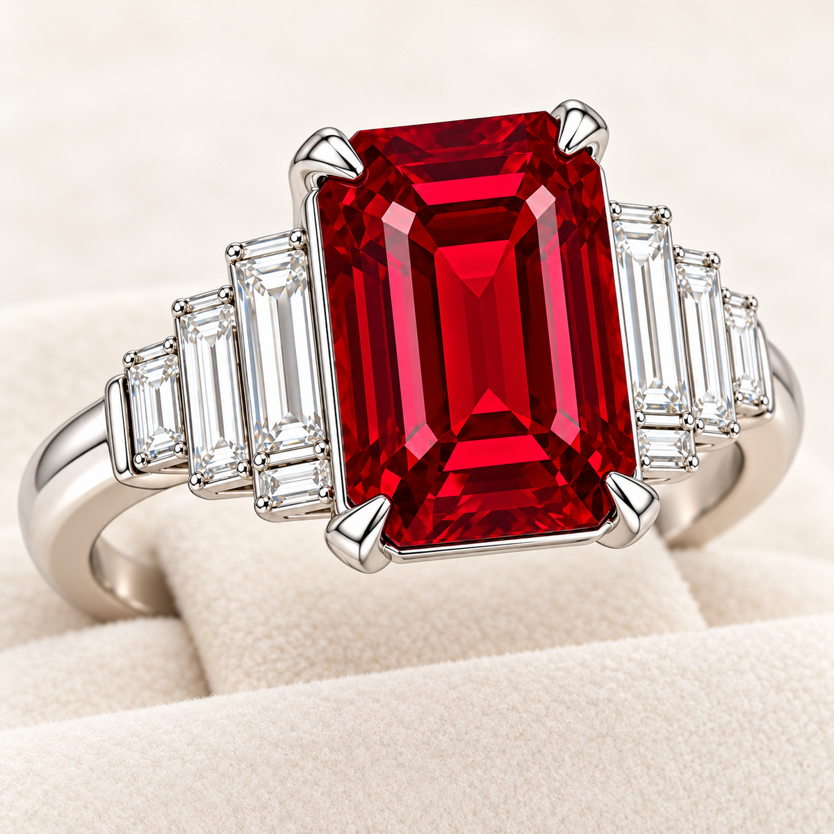 MISSISSI HR26-R07 lab-grown ruby ring, three-quarter setting detail. Design visualization.