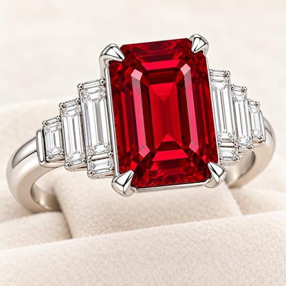 MISSISSI HR26-R07 lab-grown ruby ring, three-quarter setting detail. Design visualization.