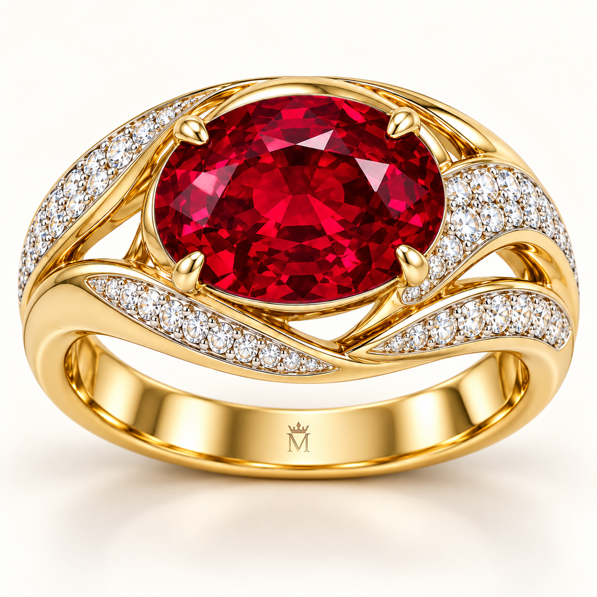 MISSISSI Golden Soirée HR26-R10 lab-grown ruby ring inner-band detail with same-metal crown and M engraving. Design visualization.