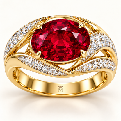 MISSISSI Golden Soirée HR26-R10 lab-grown ruby ring inner-band detail with same-metal crown and M engraving. Design visualization.