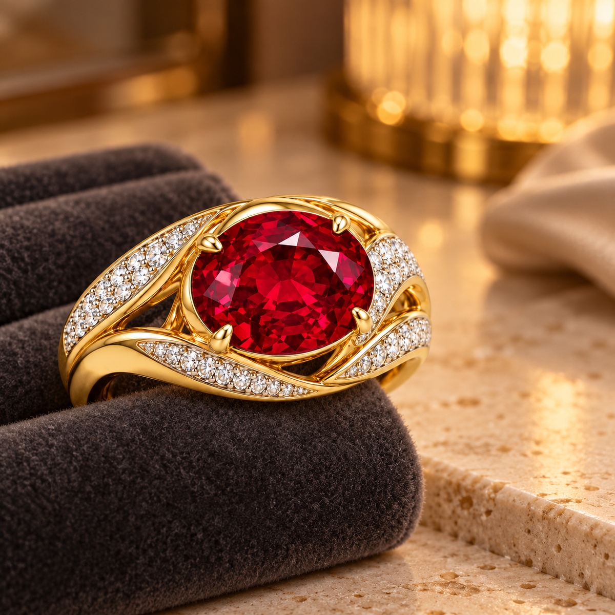 MISSISSI Golden Soirée HR26-R10 lab-grown ruby ring shown in an evening vanity setting. Design visualization.