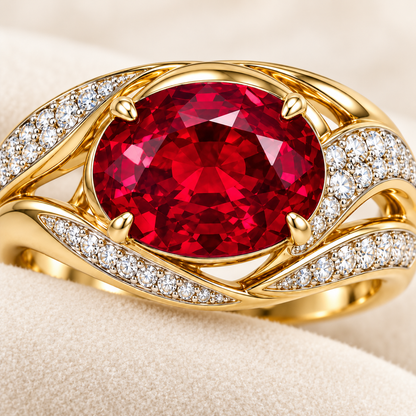 MISSISSI Golden Soirée HR26-R10 lab-grown ruby ring front macro of the oval ruby and openwork diamond ribbons. Design visualization.